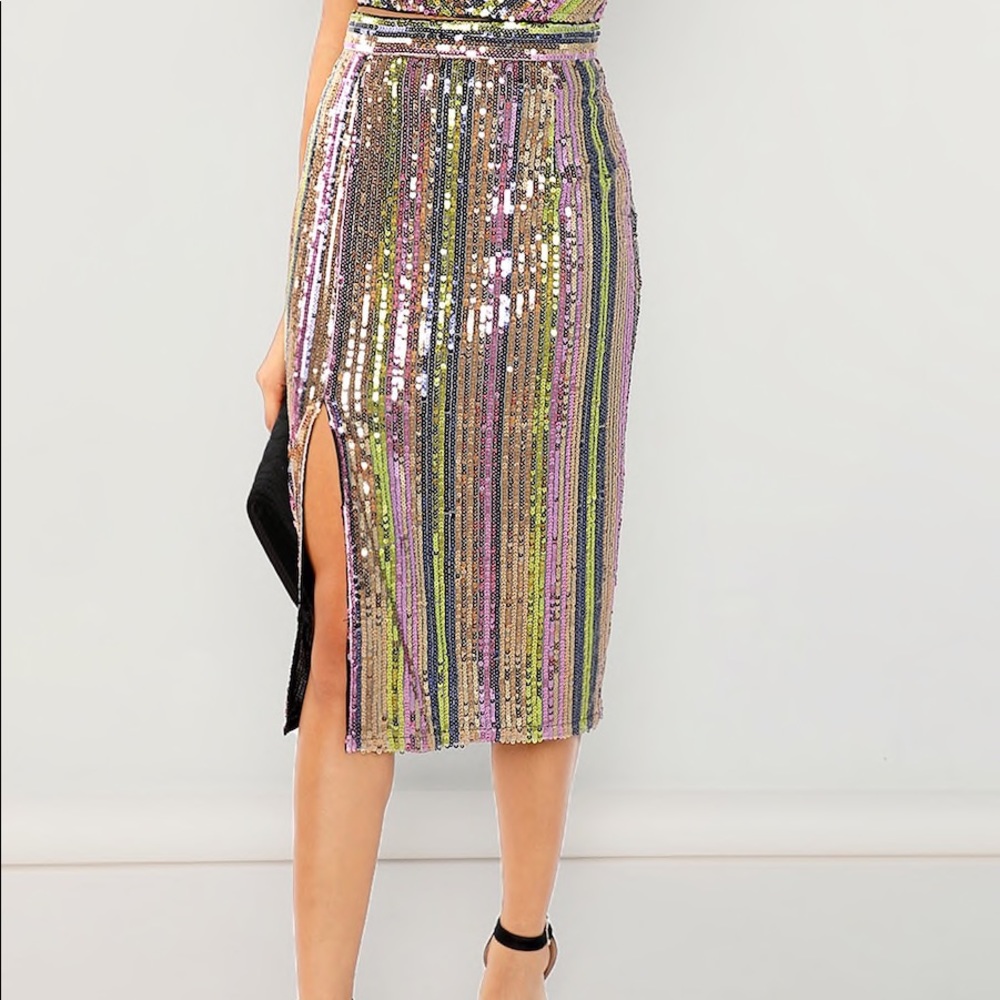 Multicolor Sequin Midi Skirt High Waist Slit Party Evening Skirt - Picture 4 of 7